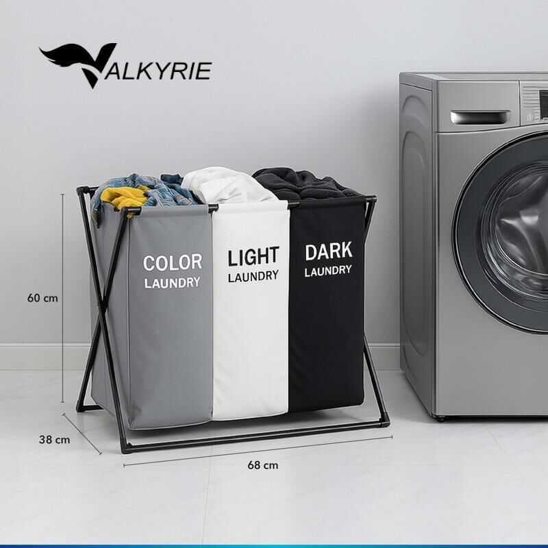 Valkyrie 3 Bölmeli Katlanabilir Çamaşır Sepeti Siyah Beyaz Renk Ayırmalı Çamaşır Organizer