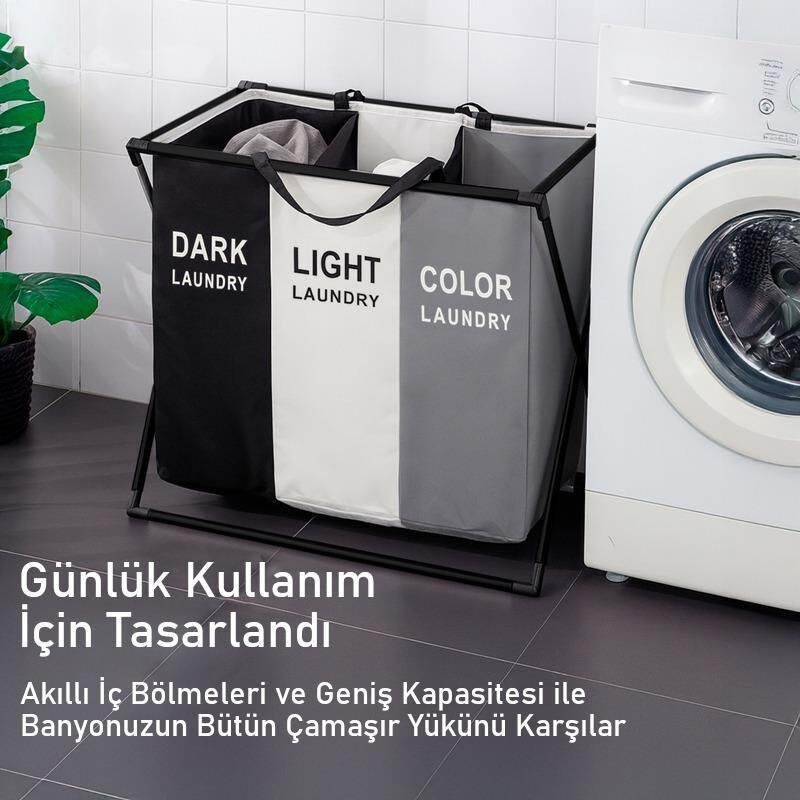Valkyrie 3 Bölmeli Katlanabilir Çamaşır Sepeti Siyah Beyaz Renk Ayırmalı Çamaşır Organizer