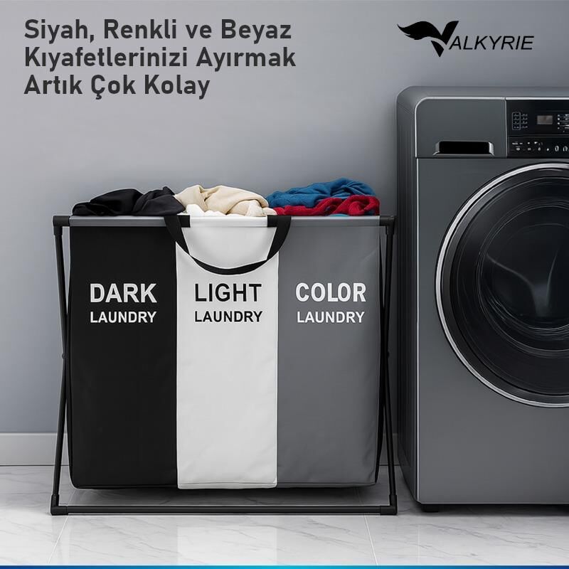 Valkyrie 3 Bölmeli Katlanabilir Çamaşır Sepeti Siyah Beyaz Renk Ayırmalı Çamaşır Organizer