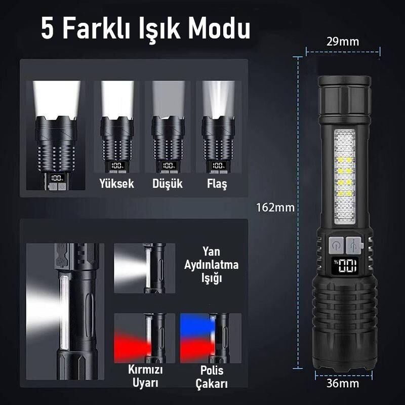Valkyrie Şarjlı LED El Feneri 5 Işık Modu Type-C Şarjlı Çakar Modlu Zoom Özellikli