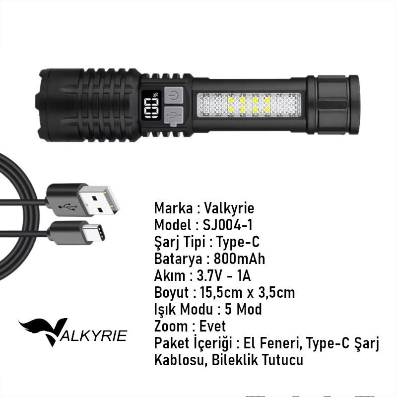 Valkyrie Şarjlı LED El Feneri 5 Işık Modu Type-C Şarjlı Çakar Modlu Zoom Özellikli