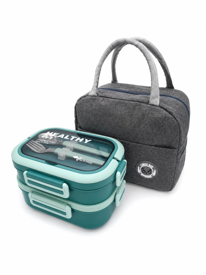 Valkyrie 304 Çelik Bölmeli Lunch Box Seti | Termal Çantalı, Bölmeli, Çatal Kaşıklı, Sızdırmaz Yemek Kabı Su yeşili