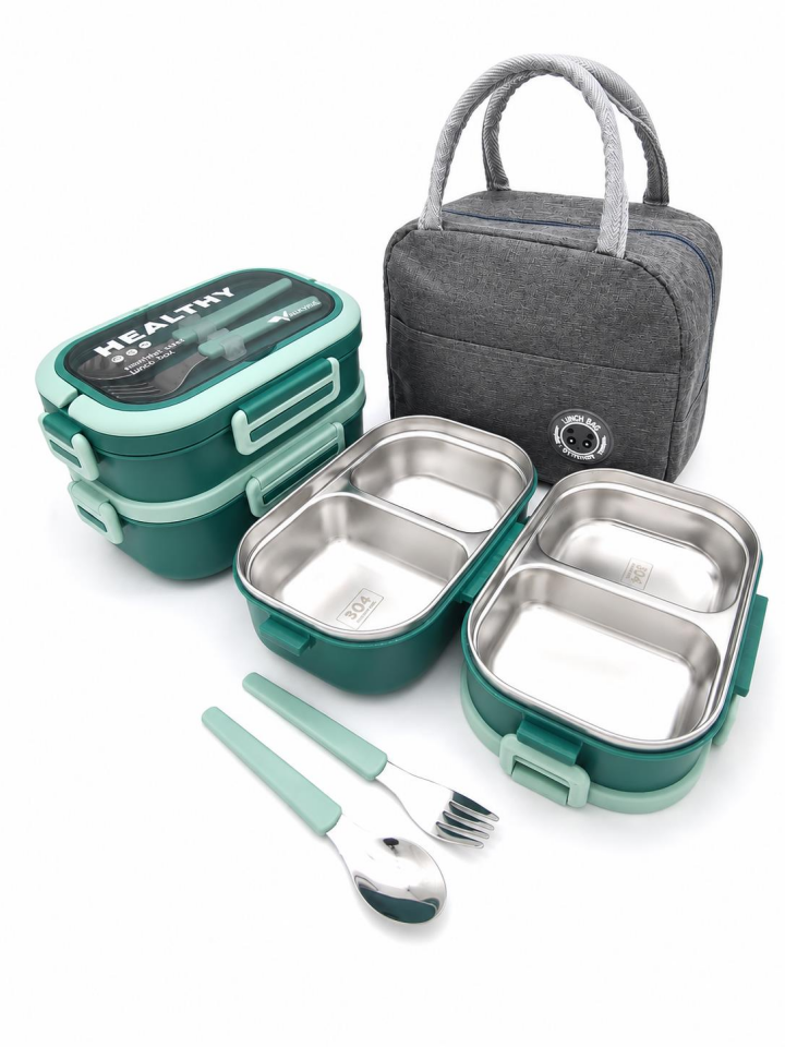 Valkyrie 304 Çelik Bölmeli Lunch Box Seti | Termal Çantalı, Bölmeli, Çatal Kaşıklı, Sızdırmaz Yemek Kabı Su yeşili