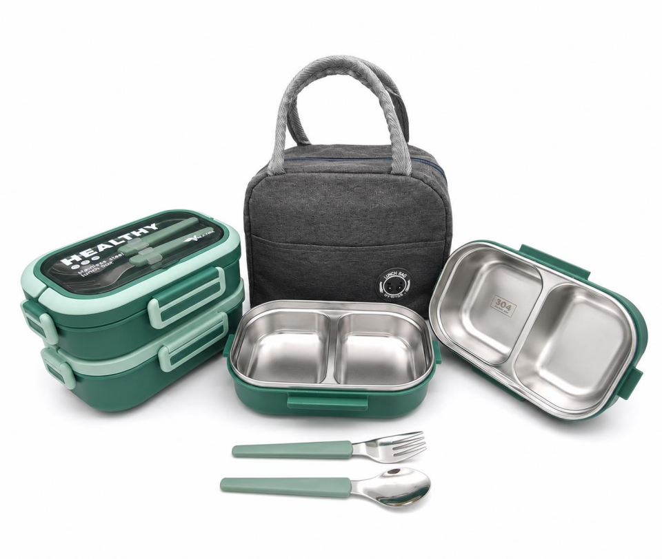 Valkyrie 304 Çelik Bölmeli Lunch Box Seti | Termal Çantalı, Bölmeli, Çatal Kaşıklı, Sızdırmaz Yemek Kabı Su yeşili