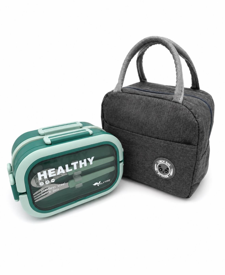 Valkyrie 304 Çelik Bölmeli Lunch Box Seti | Termal Çantalı, Bölmeli, Çatal Kaşıklı, Sızdırmaz Yemek Kabı Su yeşili