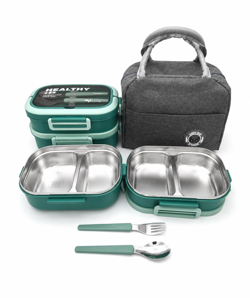 Valkyrie 304 Çelik Bölmeli Lunch Box Seti | Termal Çantalı, Bölmeli, Çatal Kaşıklı, Sızdırmaz Yemek Kabı Su yeşili