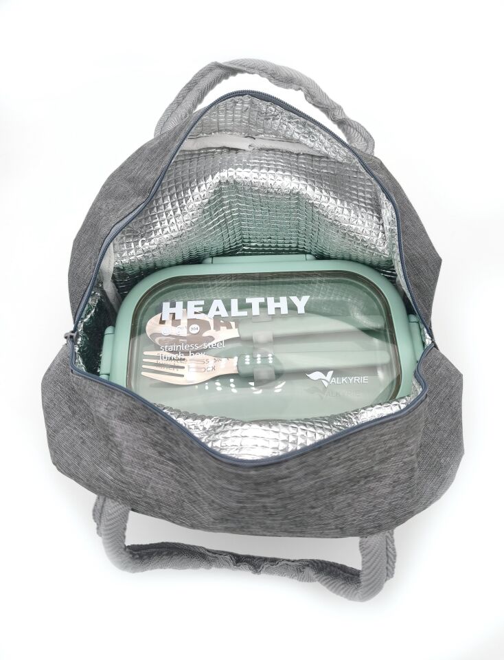 Valkyrie 304 Çelik Bölmeli Lunch Box Seti | Termal Çantalı, Bölmeli, Çatal Kaşıklı, Sızdırmaz Yemek Kabı Su yeşili
