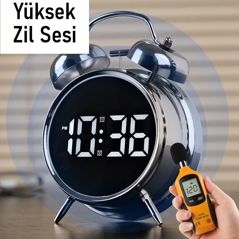 Valkyrie LED Ekranlı Analog Alarmlı Masa Saati Çalar Saat Pil Dereceli Çift Alarmlı Dijital Saat Gümüş