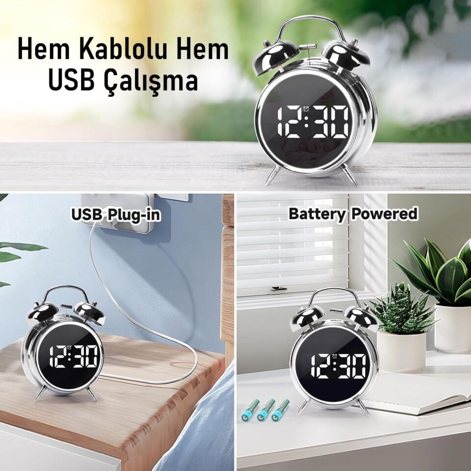 Valkyrie LED Ekranlı Analog Alarmlı Masa Saati Çalar Saat Pil Dereceli Çift Alarmlı Dijital Saat Gümüş