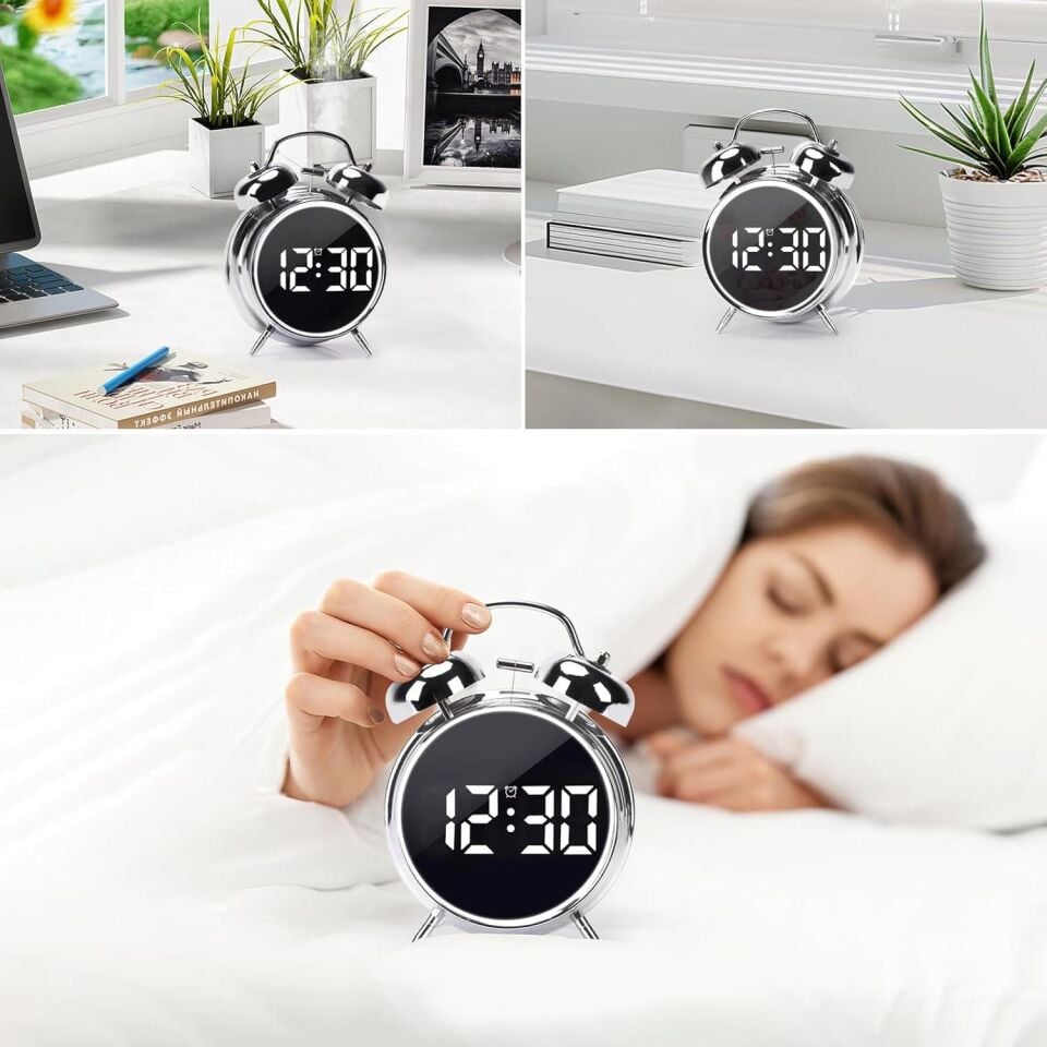 Valkyrie LED Ekranlı Analog Alarmlı Masa Saati Çalar Saat Pil Dereceli Çift Alarmlı Dijital Saat Gümüş