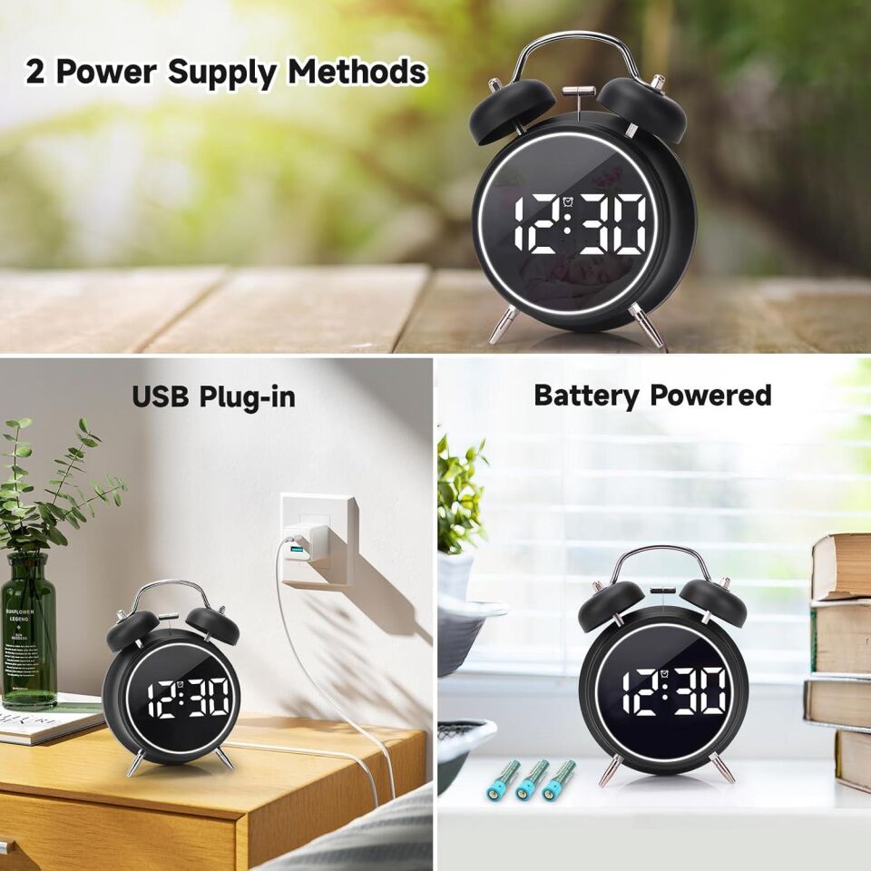 Valkyrie LED Ekranlı Analog Alarmlı Masa Saati Çalar Saat Pil Dereceli Çift Alarmlı Dijital Saat Siyah