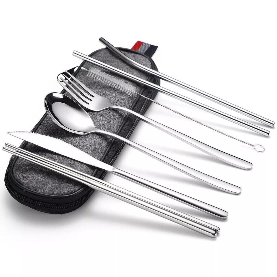 Valkyrie 8 Parça Çantalı Yolculuk Çatal Bıçak Kaşık Pipet Chopstick Seti Kamp Okul Ofis Tatil Paslanmaz Çelik Metal