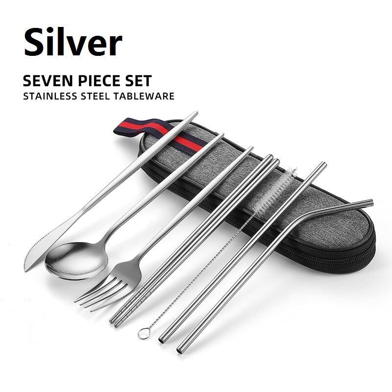 Valkyrie 8 Parça Çantalı Yolculuk Çatal Bıçak Kaşık Pipet Chopstick Seti Kamp Okul Ofis Tatil Paslanmaz Çelik Metal
