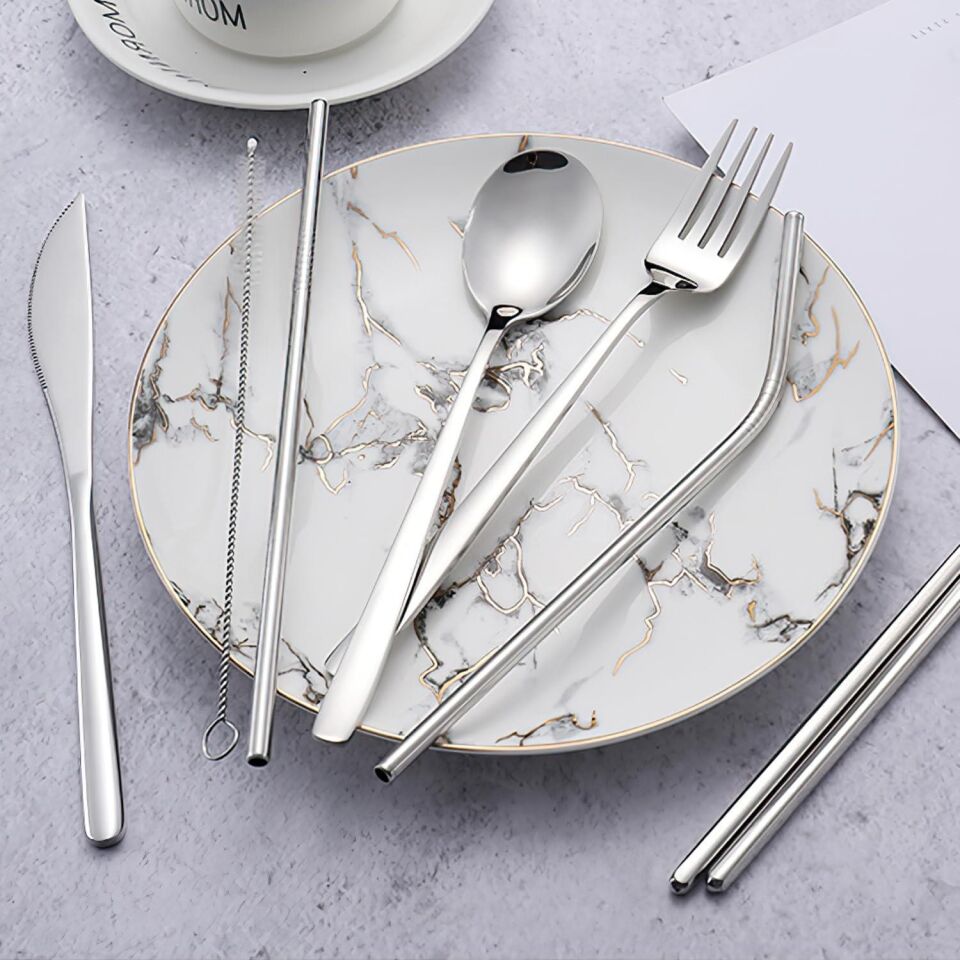 Valkyrie 8 Parça Çantalı Yolculuk Çatal Bıçak Kaşık Pipet Chopstick Seti Kamp Okul Ofis Tatil Paslanmaz Çelik Metal