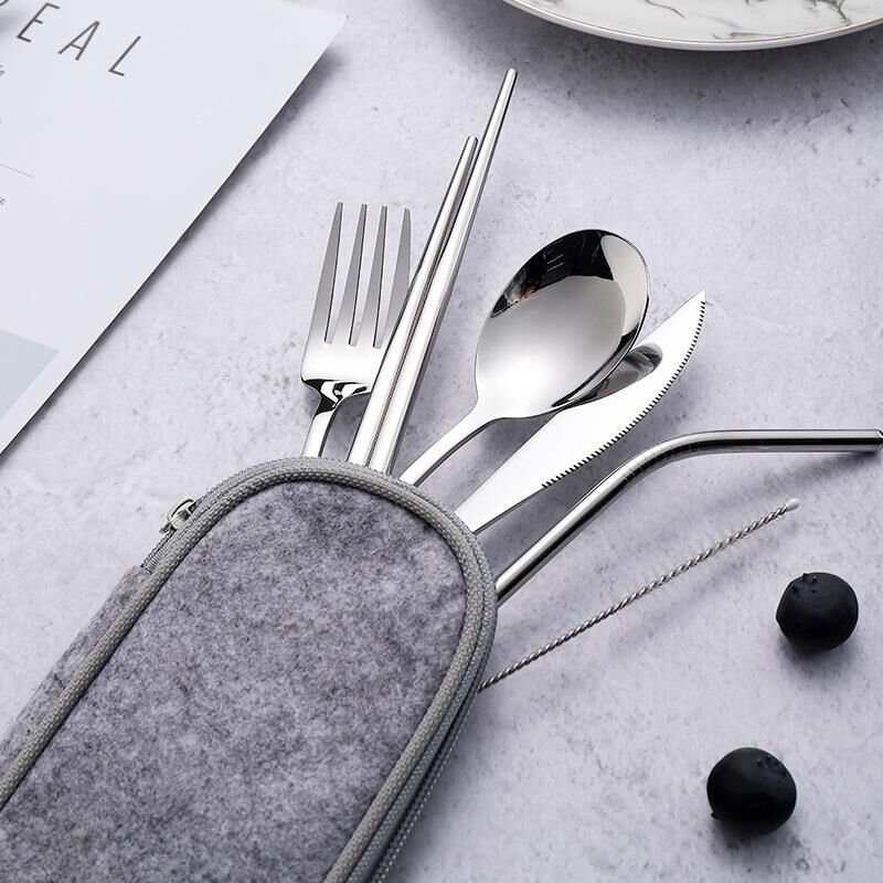 Valkyrie 8 Parça Çantalı Yolculuk Çatal Bıçak Kaşık Pipet Chopstick Seti Kamp Okul Ofis Tatil Paslanmaz Çelik Metal
