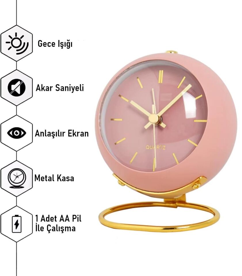 Valkyrie Akar Saniyeli Işıklı Metal Gold Dijital Masa Saati Alarmlı Pembe