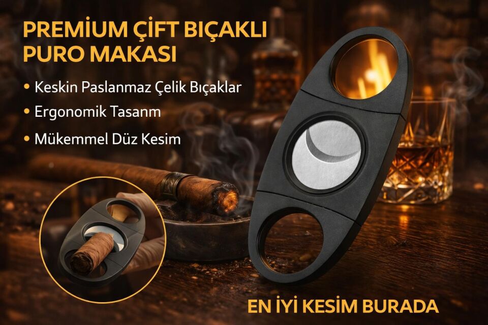 Valkyrie Premium Çift Bıçaklı Puro Makası Paslanmaz Çelik Kesici Puro Kesme Aparatı Kılıflı Siyah