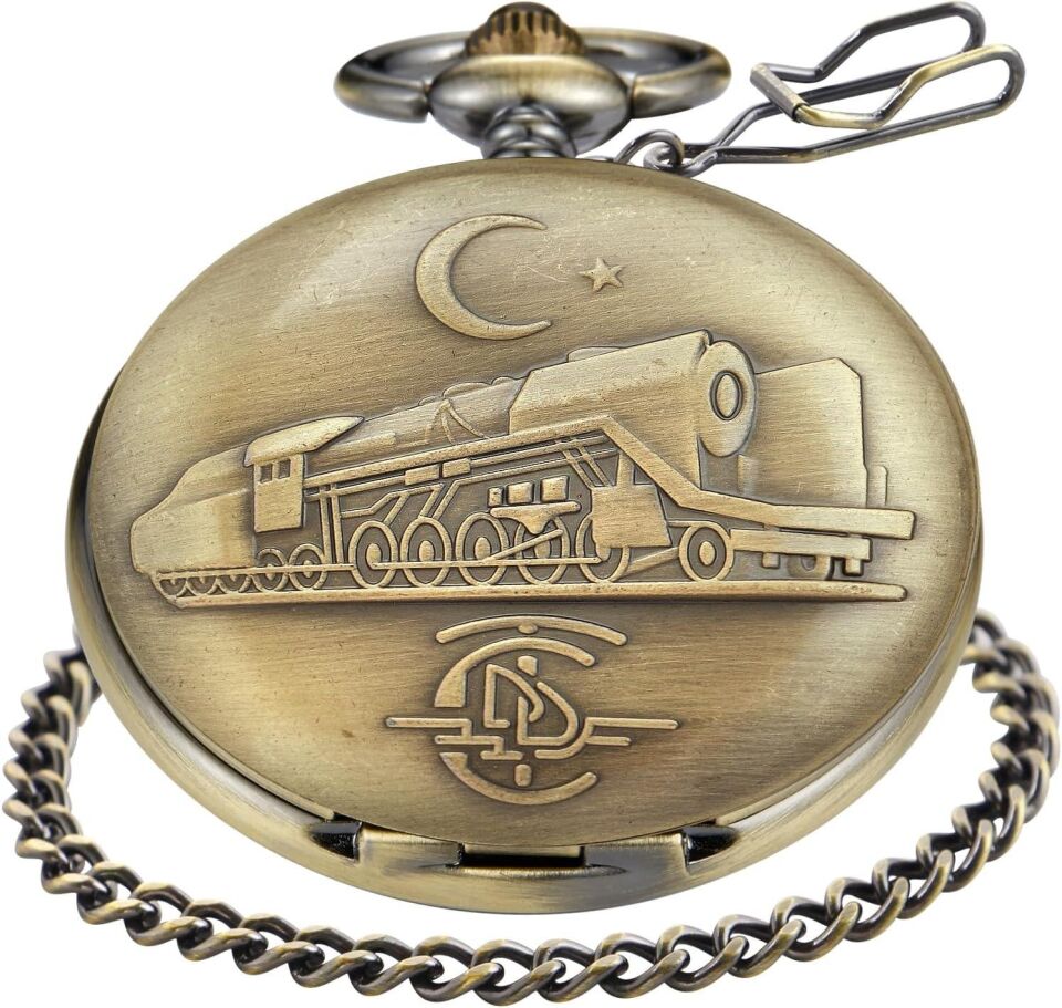 Valkyrie TCDD Nostalji Tren ve Ay Yıldız Kabartmalı Retro Bronz Koleksiyonluk Kutulu Zincirli Köstekli Saat