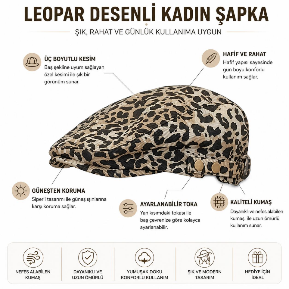 Valkyrie Kadın Leopar Desenli Keten Kasket Şapka Ayarlanabilir Tokalı Yazlık Şık Kep Şapka