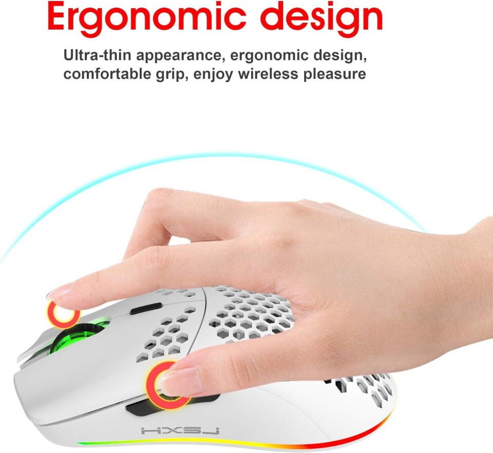 Valkyrie Kablosuz Petek Tasarım Şarjlı Gaming Mouse – RGB Aydınlatmalı 3200 DPI Ultra Hafif Beyaz