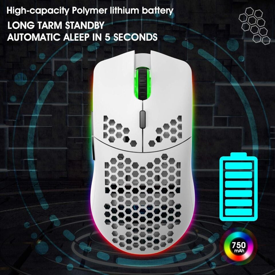 Valkyrie Kablosuz Petek Tasarım Şarjlı Gaming Mouse – RGB Aydınlatmalı 3200 DPI Ultra Hafif Beyaz