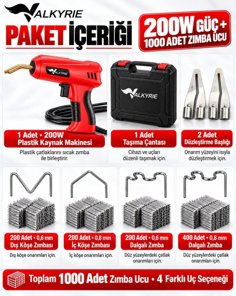 Valkyrie 200W Plastik Kaynak Makinesi 1000 Zımba Uçlu Çantalı Tamir Seti Düzleştirme Başlıklı