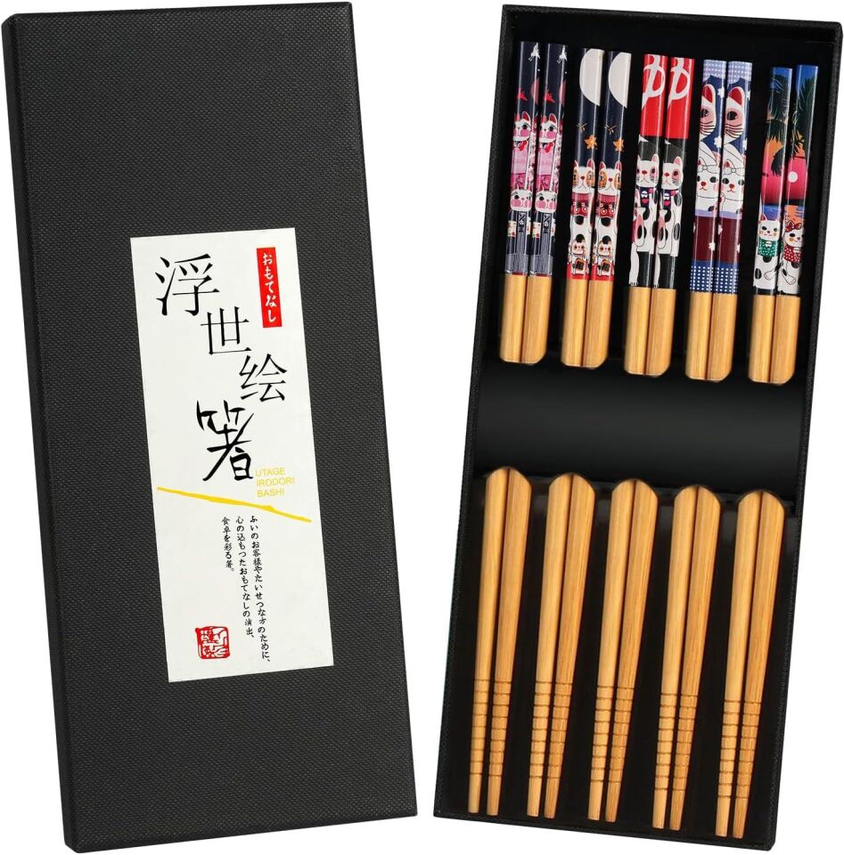 Valkyrie 5 Çift Japon Tarzı Ahşap Yemek Çubuğu Seti Kaymaz Uçlu Kedi Desenli Kutulu Chopstik Seti