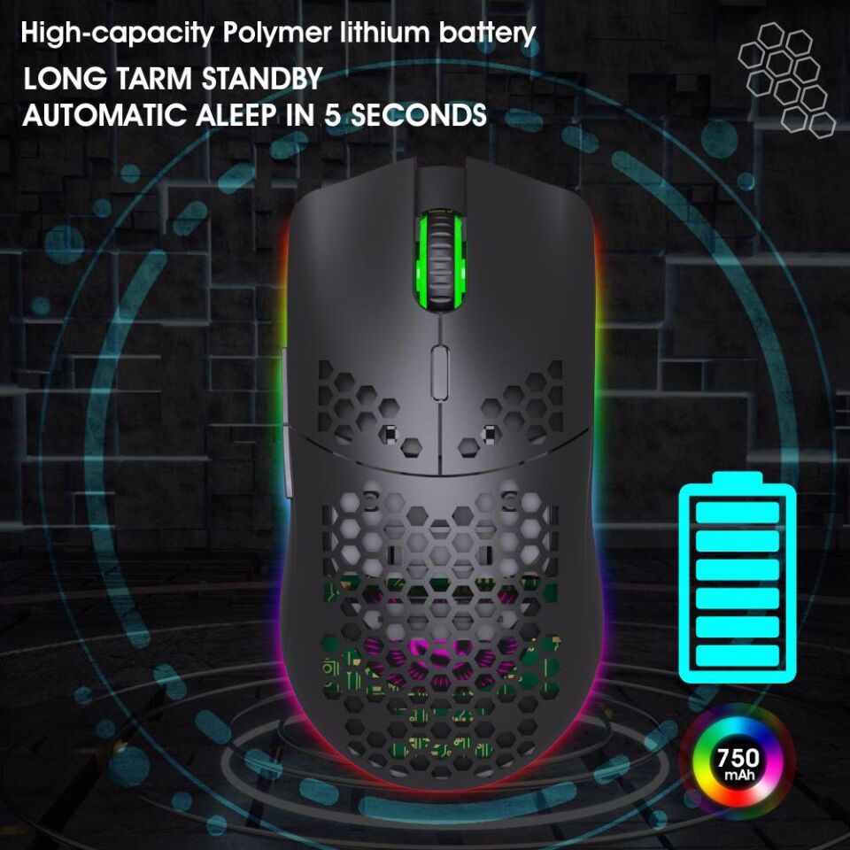 Valkyrie Kablosuz Petek Tasarım Şarjlı Gaming Mouse – RGB Aydınlatmalı 3200 DPI Ultra Hafif Siyah