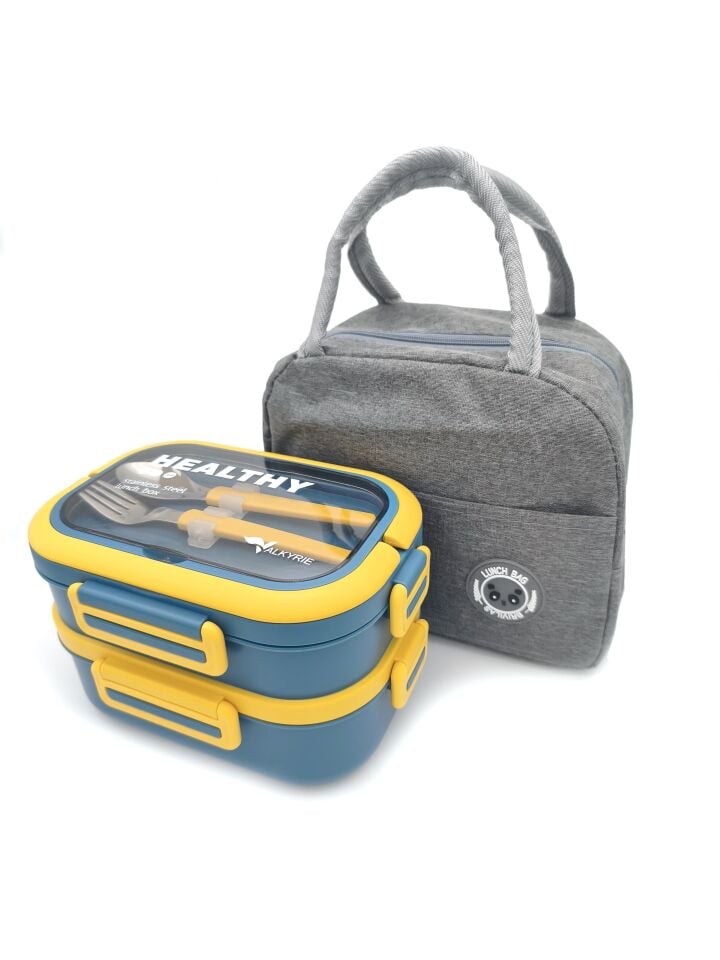 Valkyrie 304 Çelik Bölmeli Lunch Box Seti | Termal Çantalı, Bölmeli, Çatal Kaşıklı, Sızdırmaz Yemek Kabı Sarı-Yeşil