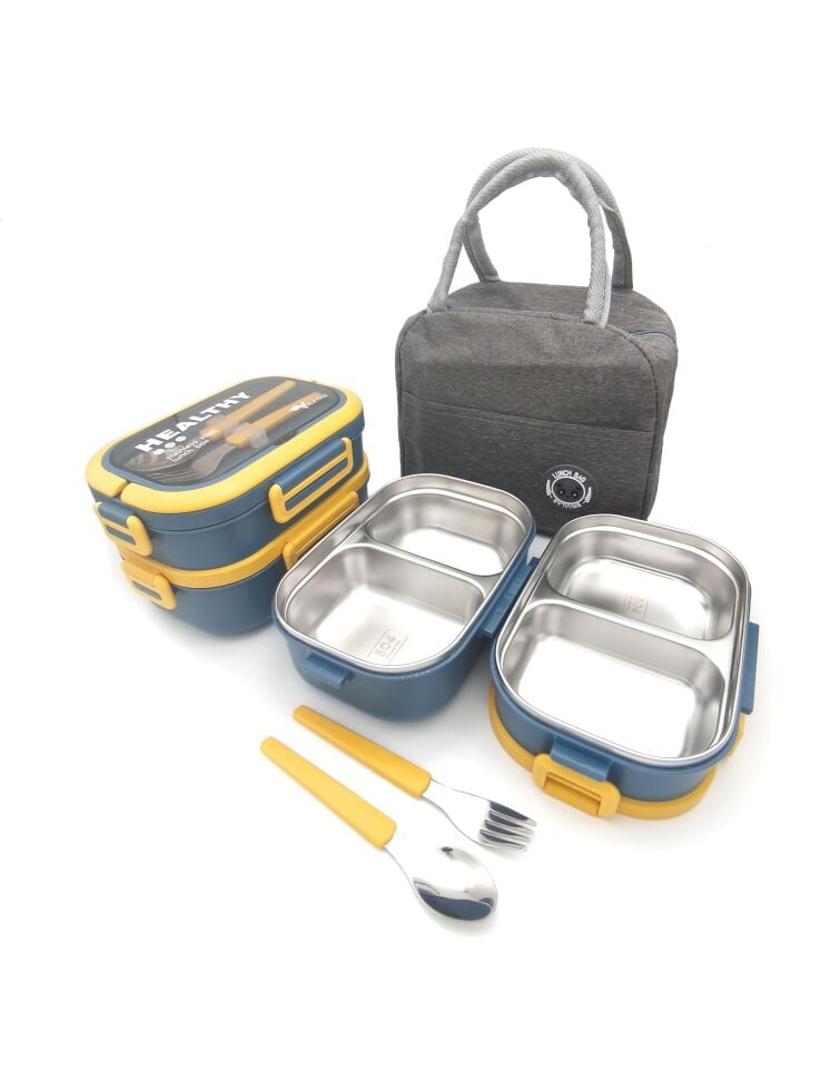 Valkyrie 304 Çelik Bölmeli Lunch Box Seti | Termal Çantalı, Bölmeli, Çatal Kaşıklı, Sızdırmaz Yemek Kabı Sarı-Yeşil