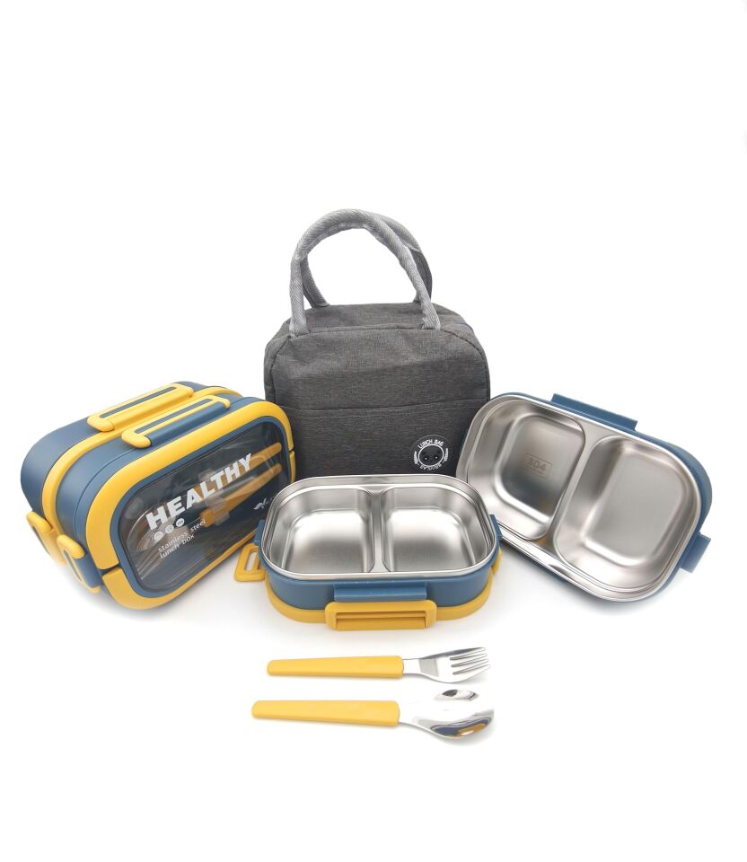 Valkyrie 304 Çelik Bölmeli Lunch Box Seti | Termal Çantalı, Bölmeli, Çatal Kaşıklı, Sızdırmaz Yemek Kabı Sarı-Yeşil