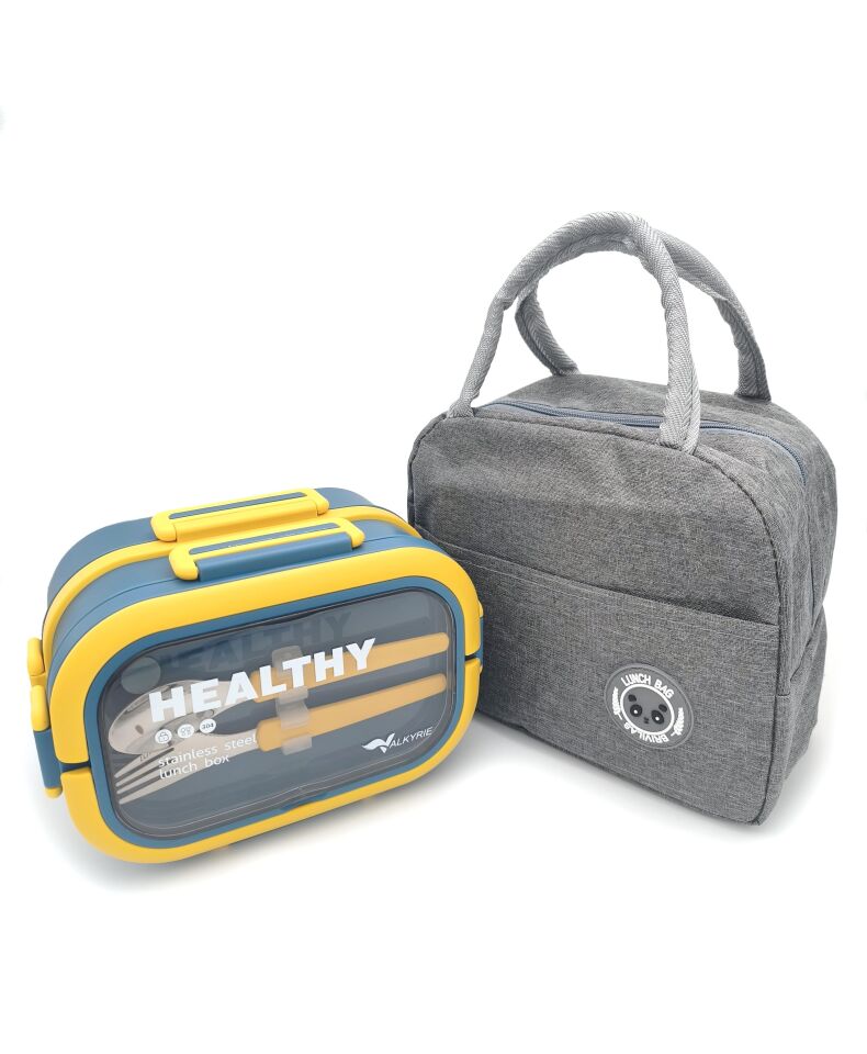 Valkyrie 304 Çelik Bölmeli Lunch Box Seti | Termal Çantalı, Bölmeli, Çatal Kaşıklı, Sızdırmaz Yemek Kabı Sarı-Yeşil