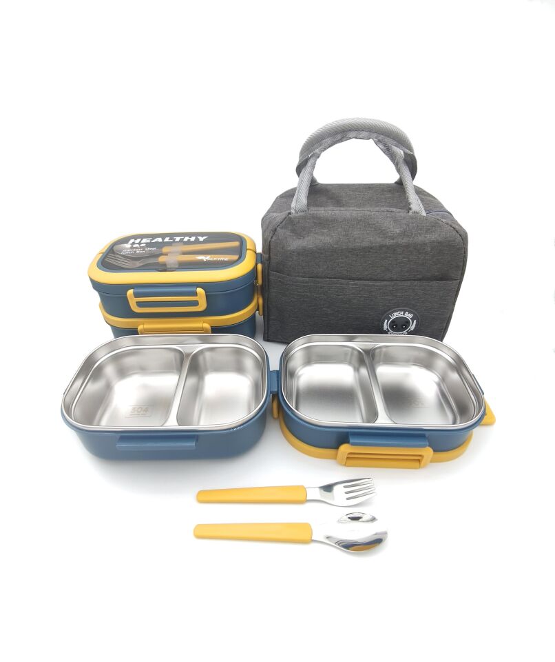Valkyrie 304 Çelik Bölmeli Lunch Box Seti | Termal Çantalı, Bölmeli, Çatal Kaşıklı, Sızdırmaz Yemek Kabı Sarı-Yeşil