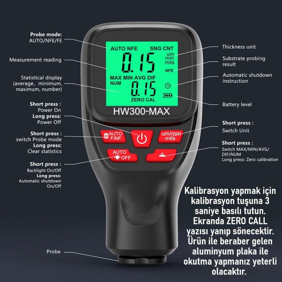 Valkyrie HW300-MAX Dijital Kaplama Kalınlığı Ölçer – 0-2000 µm, FE/NFE Otomatik Algılama, LCD Ekran