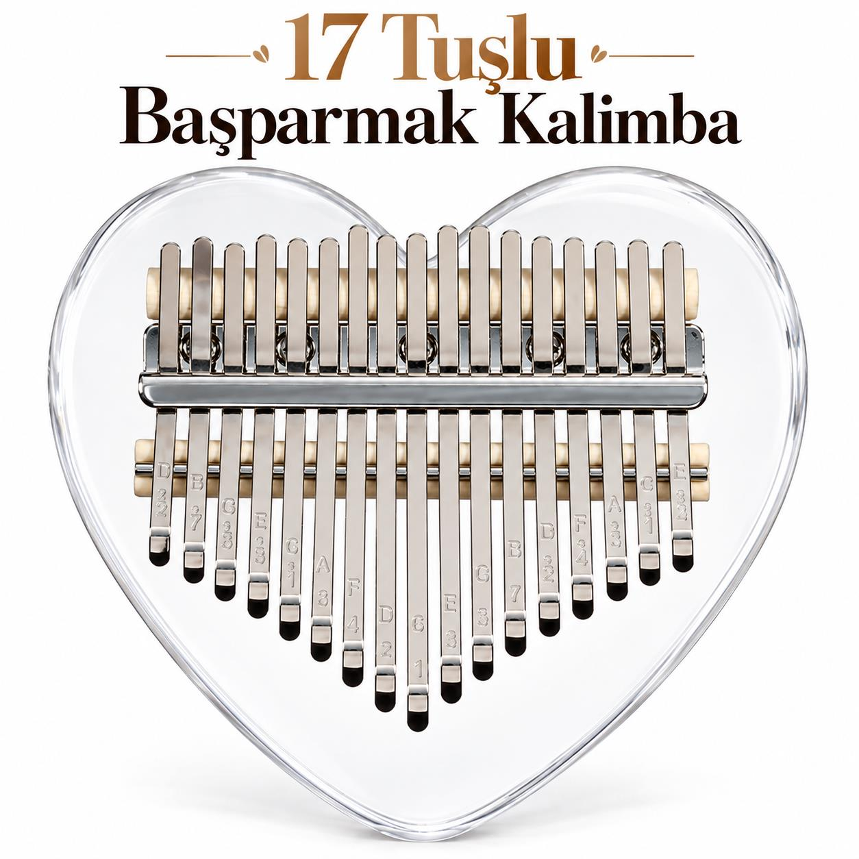 Valkyrie 17 Tuşlu Kalp Şeklinde Kalimba Şeffaf Akrilik Başparmak Piyanosu Nota Etiketli Çantalı Set