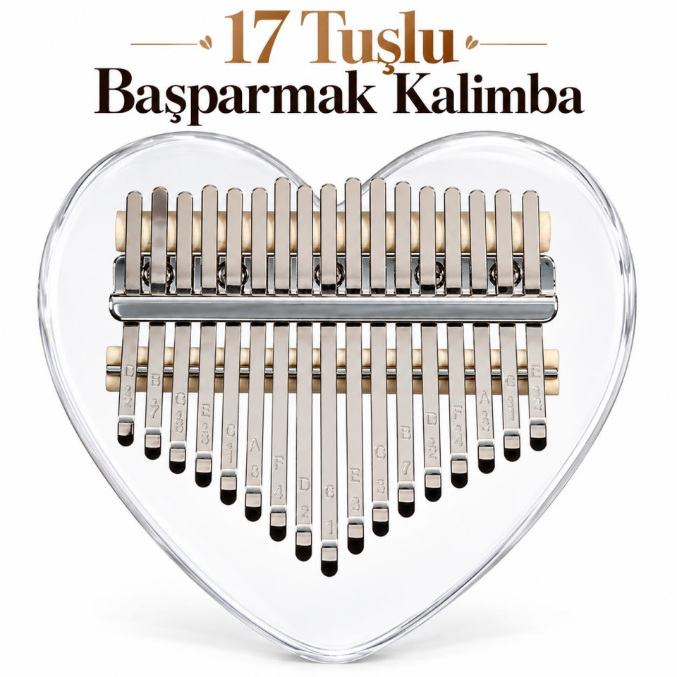 Valkyrie 17 Tuşlu Kalp Şeklinde Kalimba Şeffaf Akrilik Başparmak Piyanosu Nota Etiketli Çantalı Set