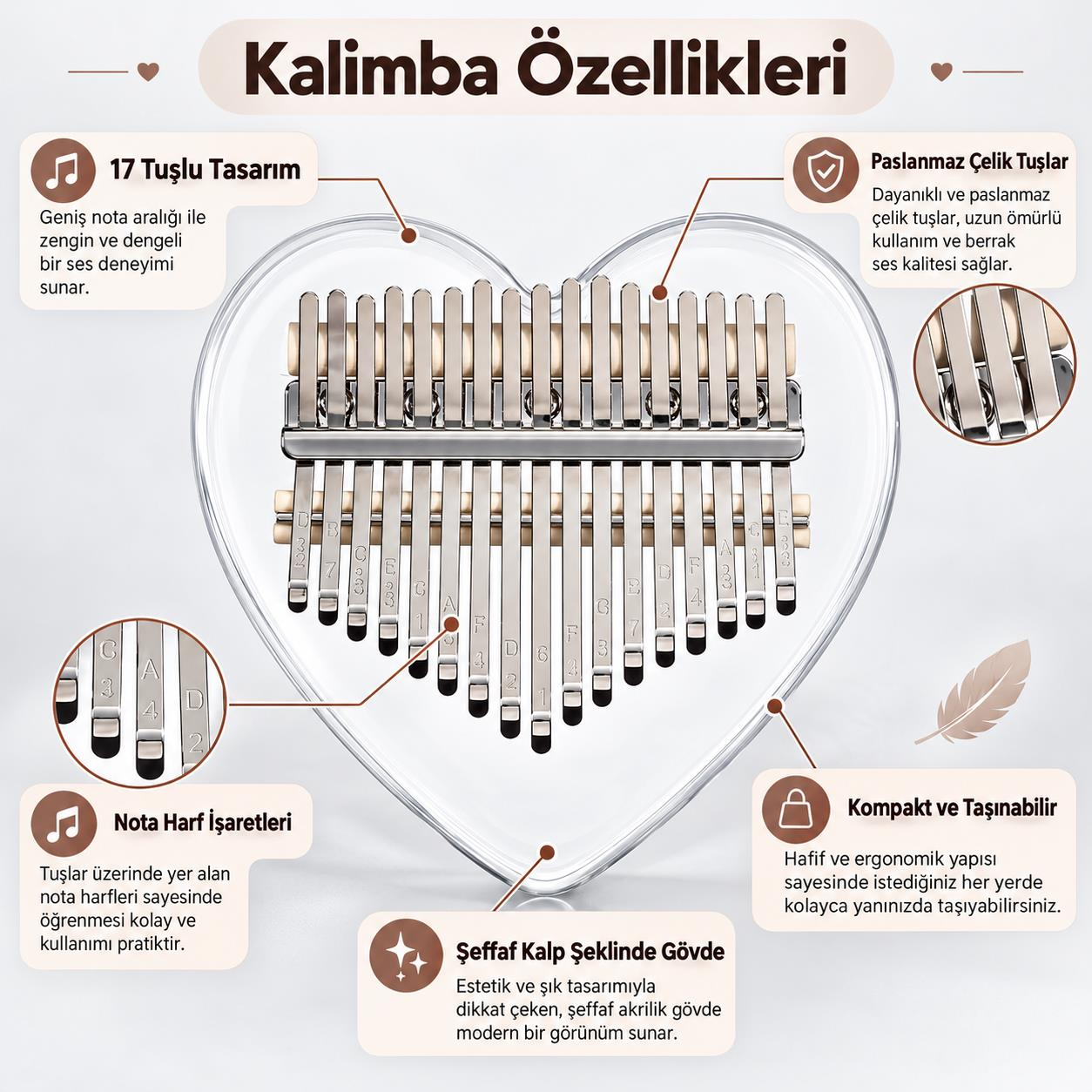 Valkyrie 17 Tuşlu Kalp Şeklinde Kalimba Şeffaf Akrilik Başparmak Piyanosu Nota Etiketli Çantalı Set