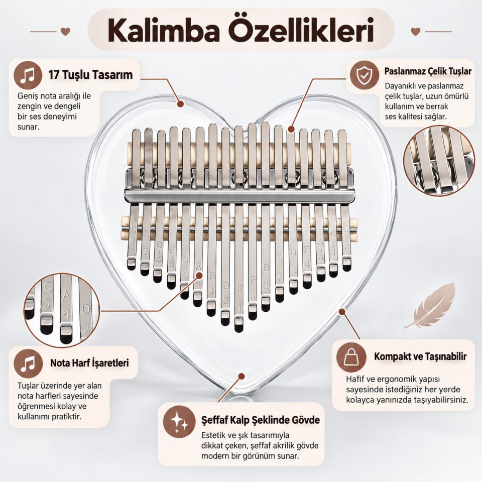 Valkyrie 17 Tuşlu Kalp Şeklinde Kalimba Şeffaf Akrilik Başparmak Piyanosu Nota Etiketli Çantalı Set