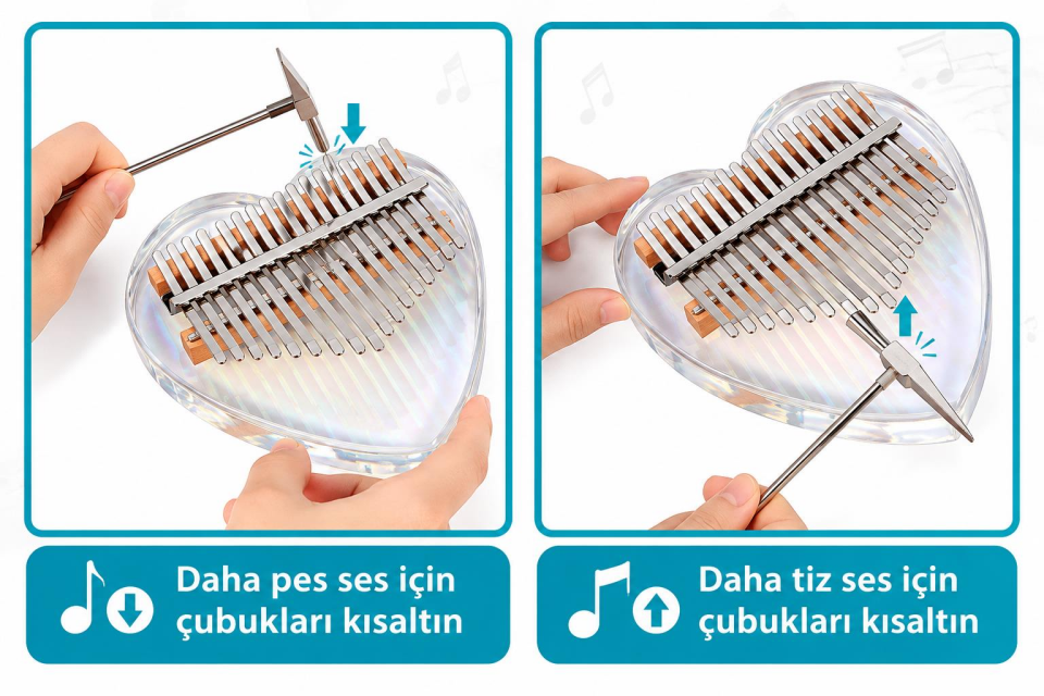 Valkyrie 17 Tuşlu Kalp Şeklinde Kalimba Şeffaf Akrilik Başparmak Piyanosu Nota Etiketli Çantalı Set
