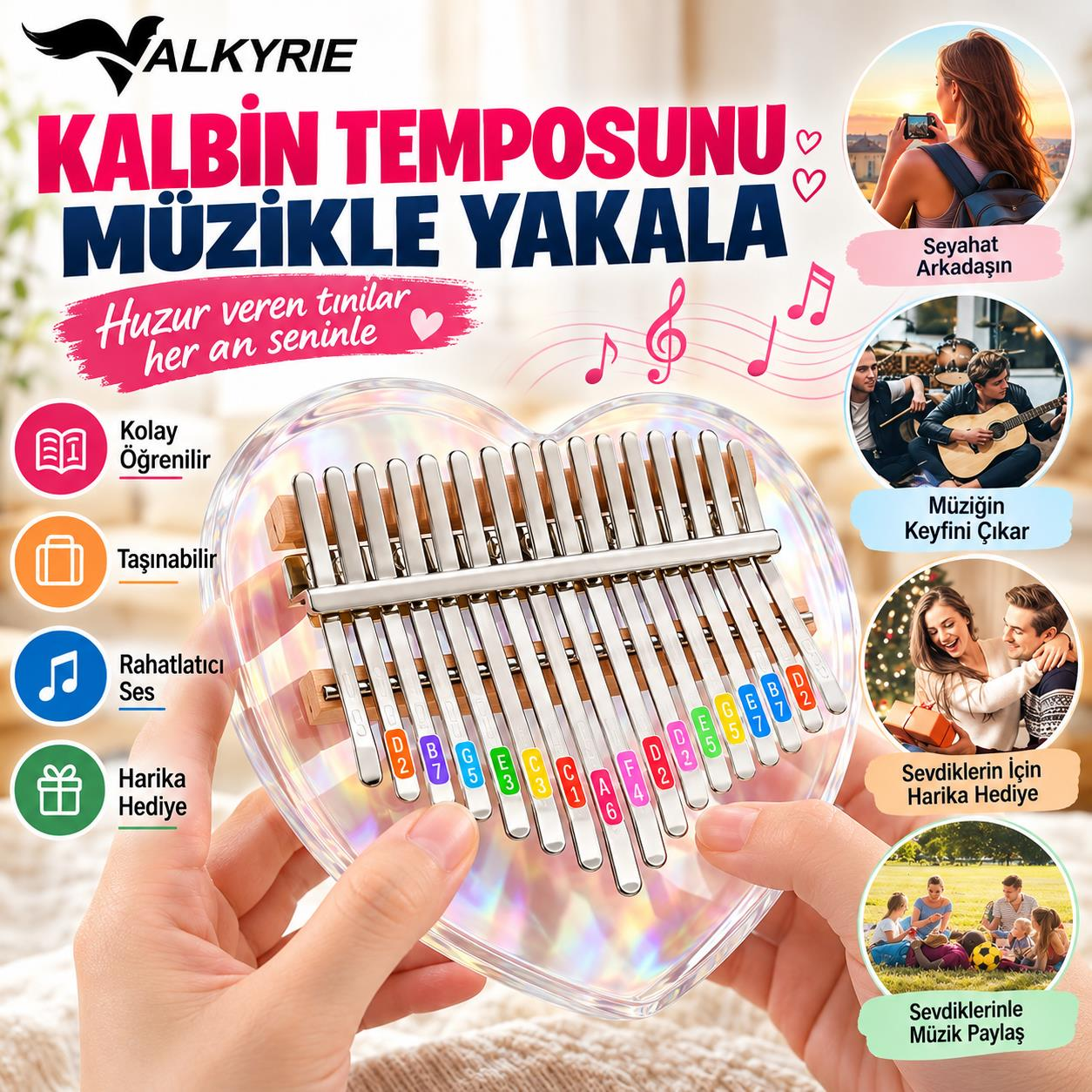 Valkyrie 17 Tuşlu Kalp Şeklinde Kalimba Şeffaf Akrilik Başparmak Piyanosu Nota Etiketli Çantalı Set