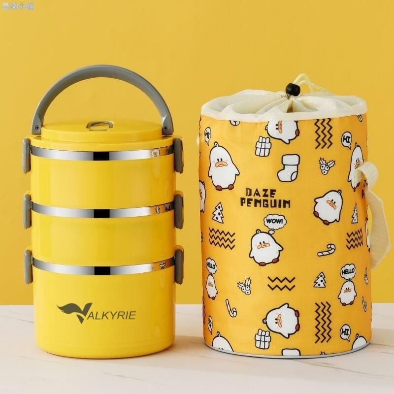 Valkyrie 3 Gözlü Çelik Penguen Desenli Sarı Termal Bento Kutusu Çocuklar İçin Şirin