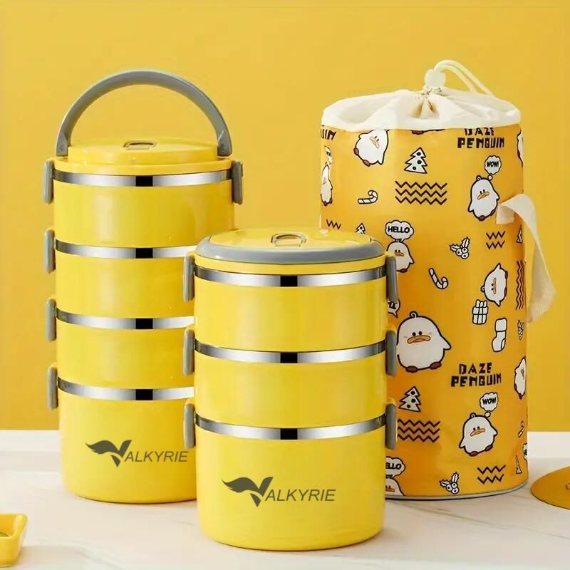 Valkyrie 3 Gözlü Çelik Penguen Desenli Sarı Termal Bento Kutusu Çocuklar İçin Şirin