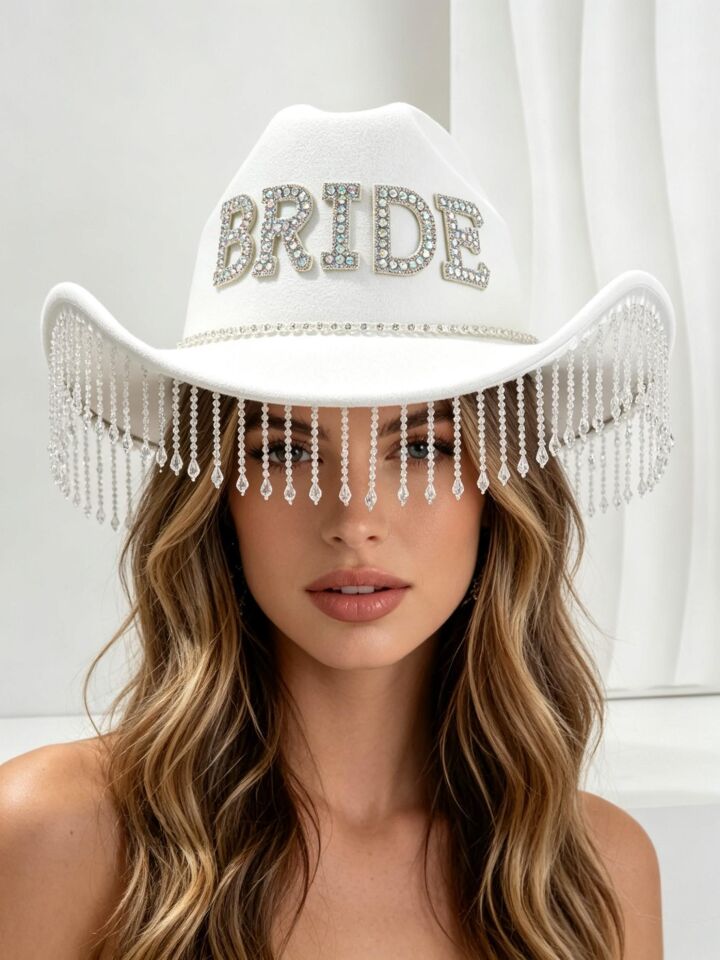 Valkyrie Bride Yazılı Taşlı Beyaz Kovboy Şapkası – Kristal Püsküllü Bekarlığa Veda, Düğün ve Party Aksesuarı
