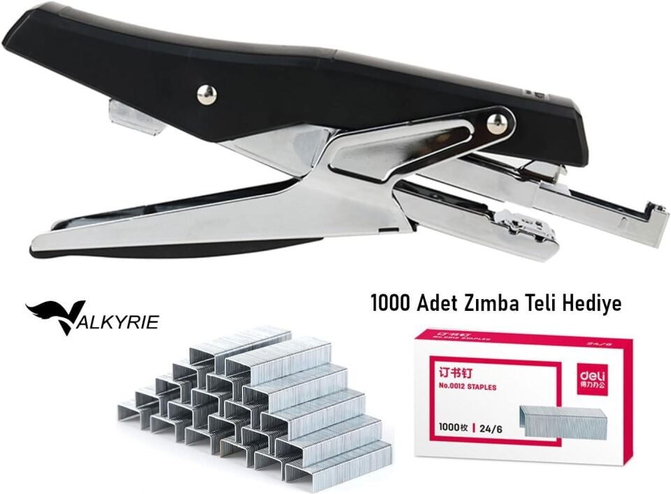 Valkyrie Profesyonel Metal Zımba Tabancası 60 Sayfa Kapasite 1000 Zımba Teli HEDİYE Ofis ve Ev Dayanıklı Siyah
