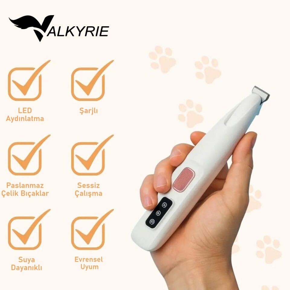 Valkyrie Kedi Köpek Pati Tüy Kesme Makinesi Şarjlı Sessiz LED Işıklı Hassas Bölge Traş Cihazı Seramik Bıçaklı