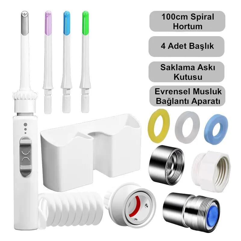 Valkyrie 4 Başlıklı Askılıklı Ağız Duşu Evrensel Musluk Uyumlu 3 Kademe Pil Şarj Hazne Derdi Yok