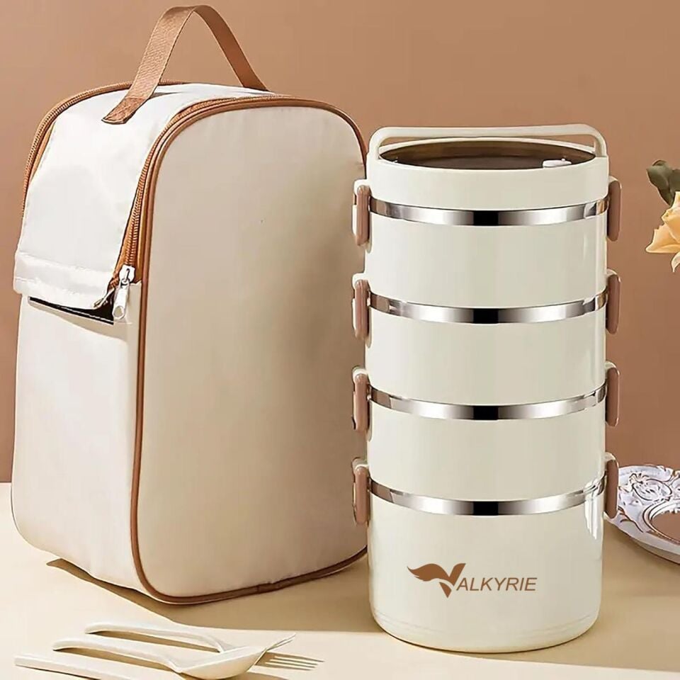Valkyrie 4 Gözlü Çelik Isı Yalıtımlı Çanta Yemek Kabı Seti Çantalı Geniş Kaplar Bento Çantalı