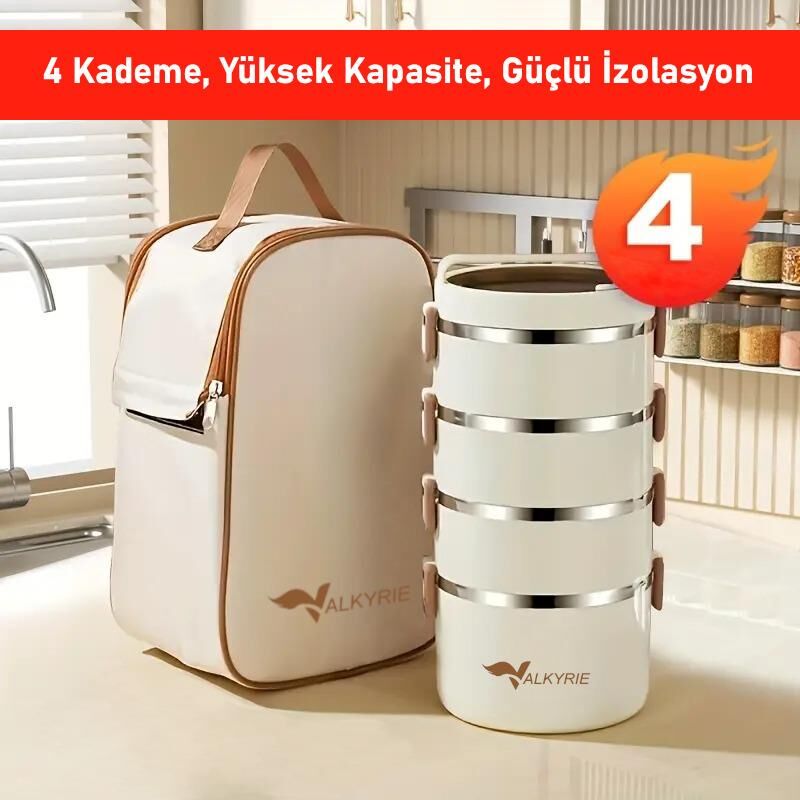 Valkyrie 4 Gözlü Çelik Isı Yalıtımlı Çanta Yemek Kabı Seti Çantalı Geniş Kaplar Bento Çantalı