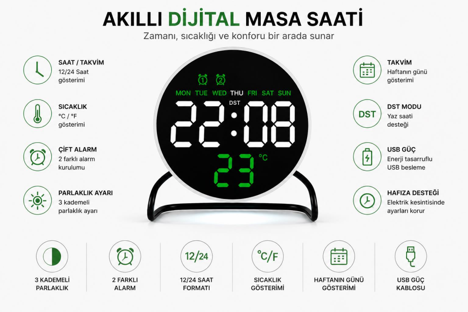 Valkyrie LED Dijital Masa Saati Alarm Sıcaklık Takvim Göstergeli USB Gece Işıklı Masa Saati Çift Alarm