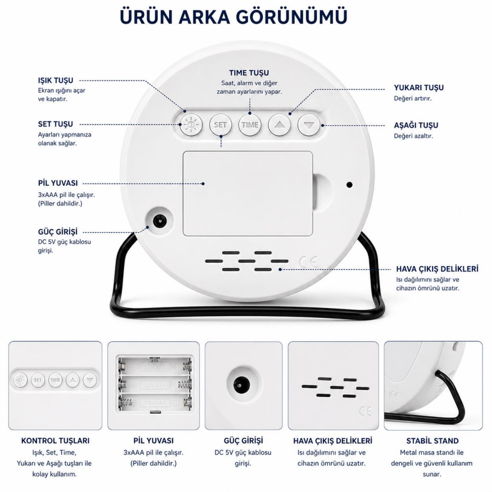 Valkyrie LED Dijital Masa Saati Alarm Sıcaklık Takvim Göstergeli USB Gece Işıklı Masa Saati Çift Alarm